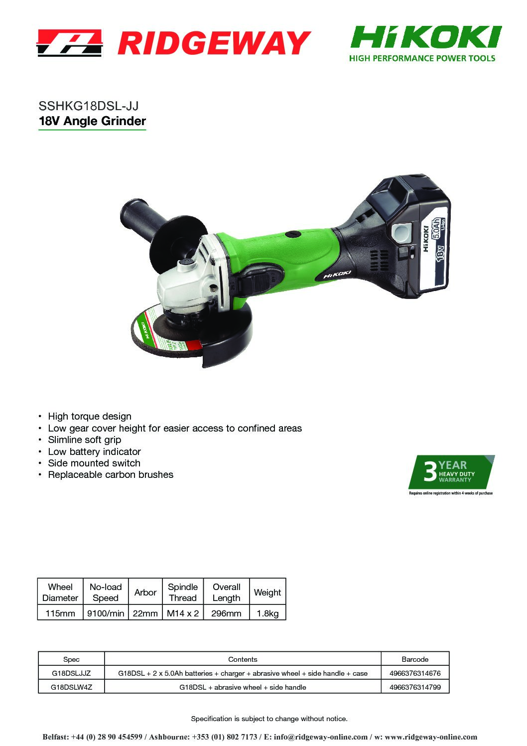 HiKOKI 18V 125mm Angle Grinder with Slide Switch Access and